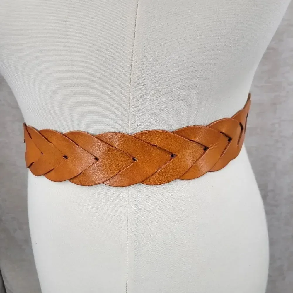 Miss Me Braided Woven Orangey Tan Leather Belt with Large Gold Toned Oval Buckle